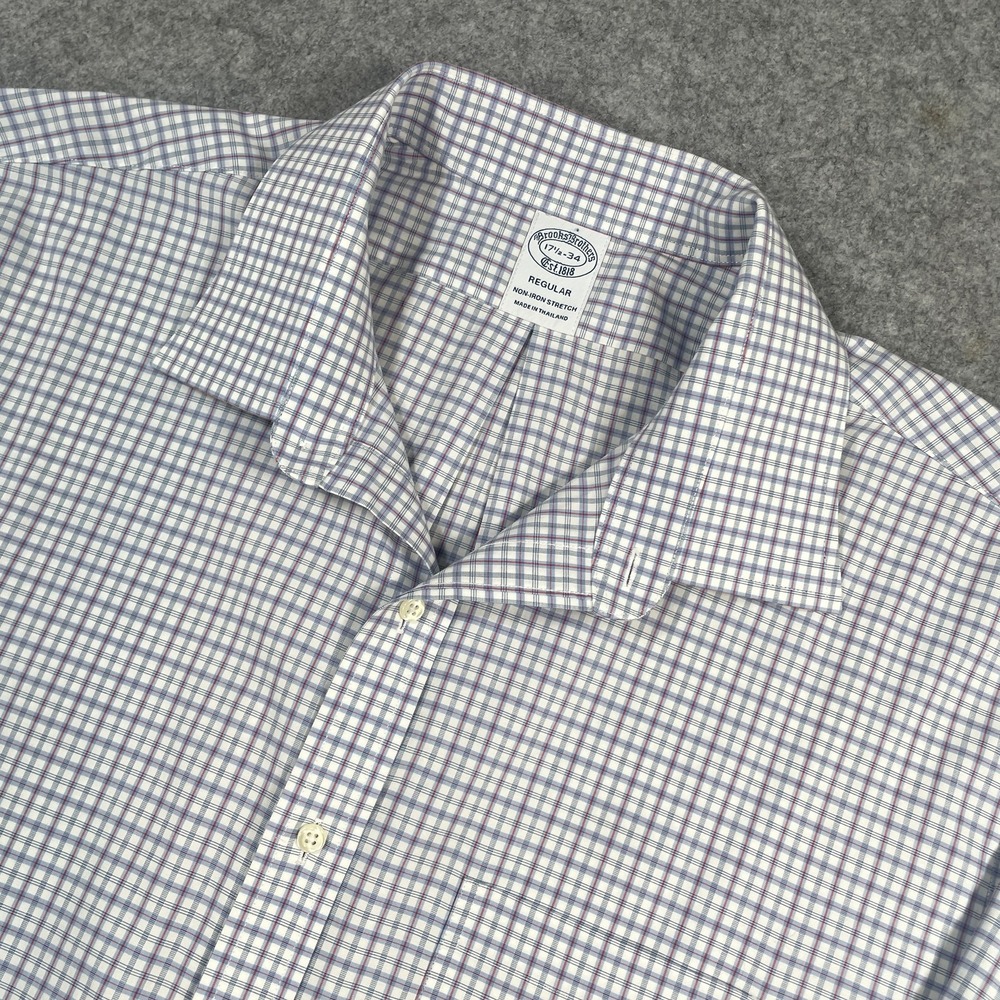 Brooks Brothers Mens Button Down Shirt 17.5 34 Blue Plaid Non-Iron Stretch